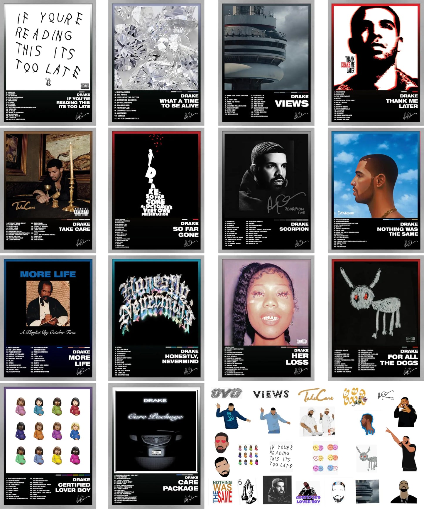 Drake 13-Piece Album Cover Poster Set & Stickers 12x16